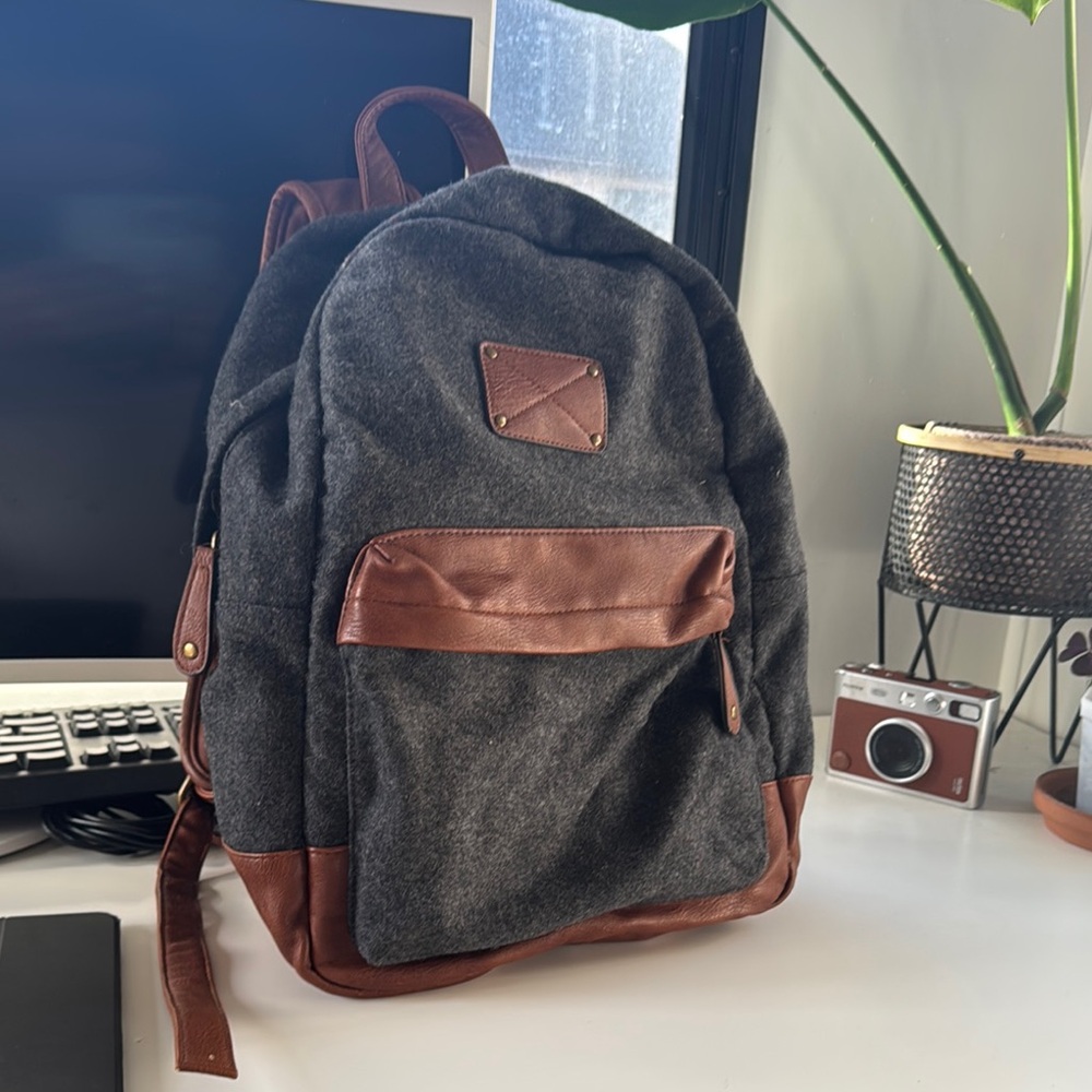 Gray and Brown Casual Backpack with Leather Accents